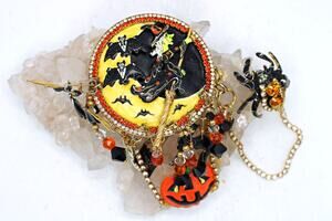 Lunch At The Ritz All Hallows Witch in Flight Moon Brooch with Spider Pin